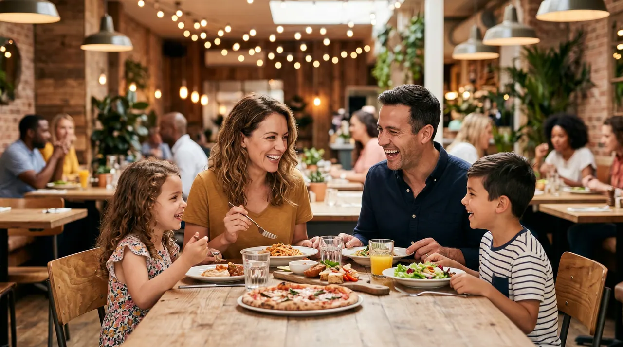 Famille attablée au restaurant, pizza et salades